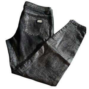 Micheal Kors size 10 black metallic coated jeans cropped at ankle with zipper